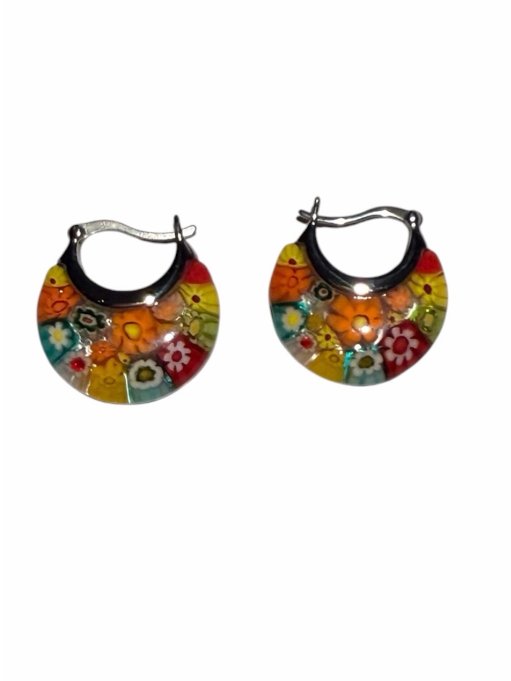 Murano Style Millefiore Multi-Colored Floral Glass Basket Hoop Earrings New